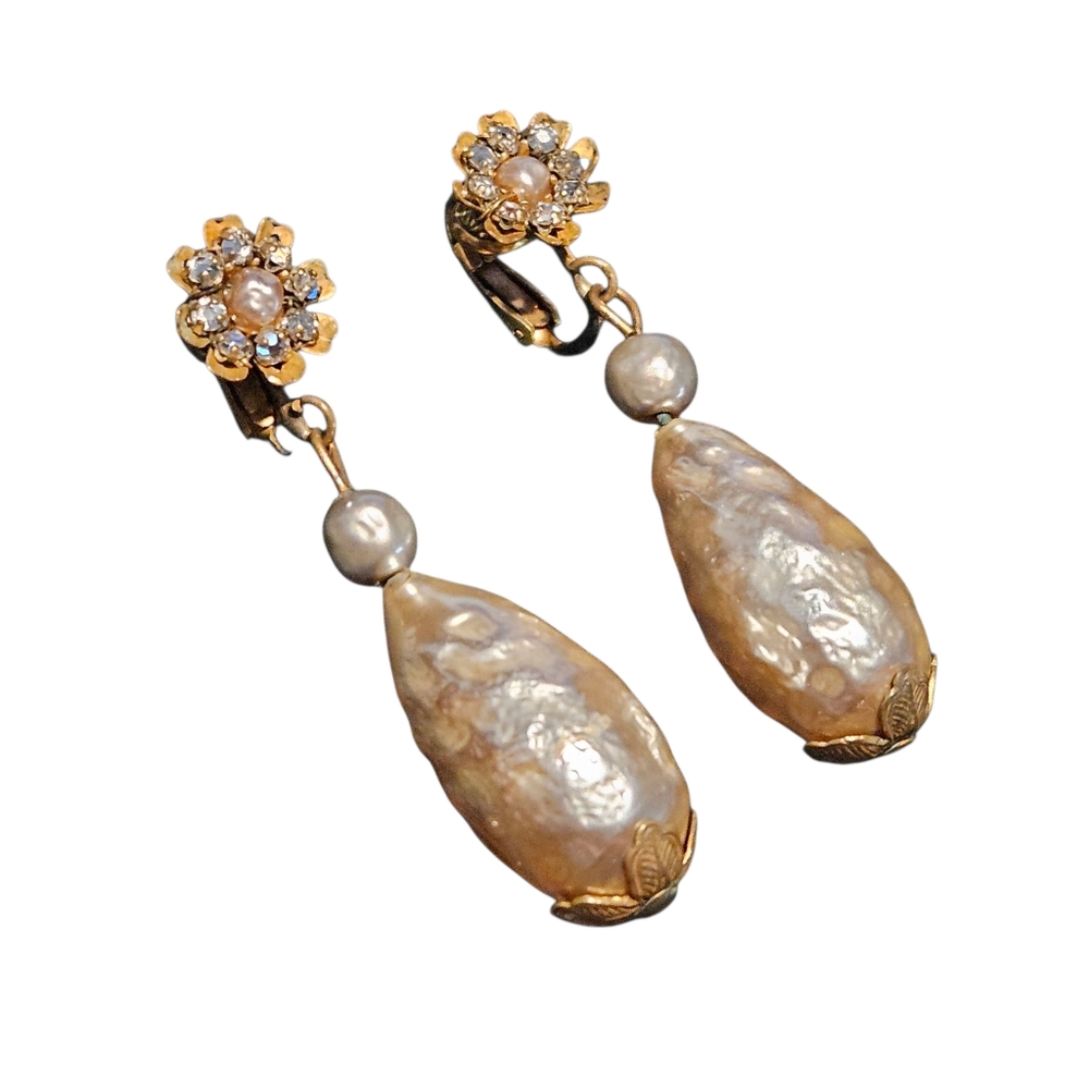 Miriam Haskell Pearl Drop Earrings Vintage Floral Rhinestone Dangle Earrings